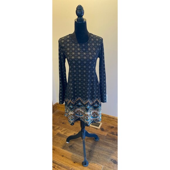 Derek Heart Dress Navy Blue Pattern Paisley Size  Small Long Sleeve 8% Spandex - Picture 2 of 11